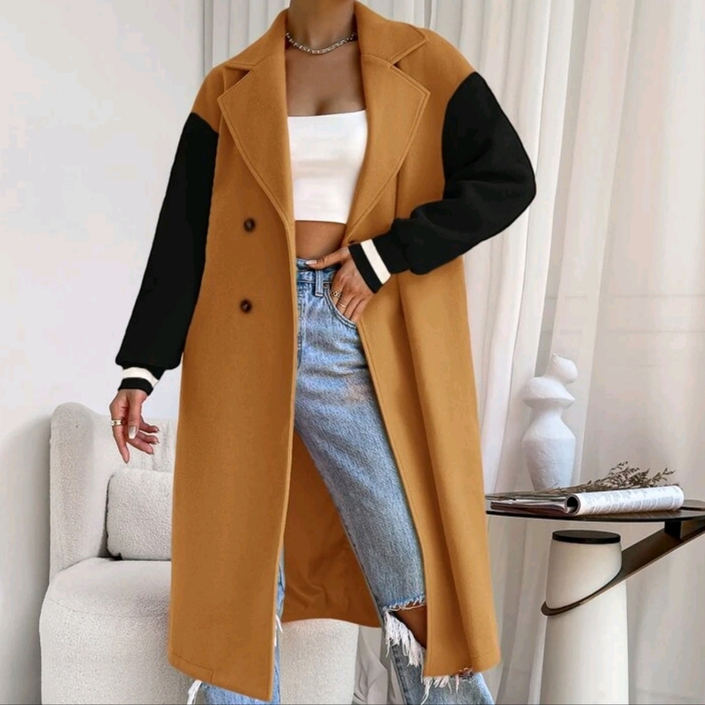 Colorblock Drop Shoulder Double Breasted Overcoat - Picture 4 of 5